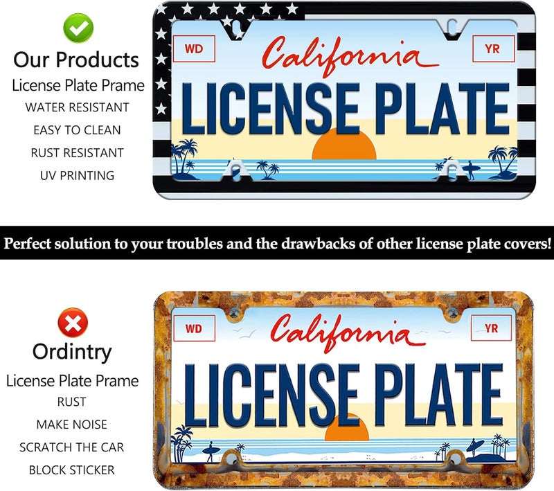 LIN KANG Black American Flag License Plate Frame - 2 Pack Stainless Steel Classic Patriotic USA Flag License Plate Holder Cover Rust-Proof Auto Parts Decoration with Screws 4 Holes - Image 4